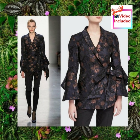 Badgley Mischka Jackets & Blazers - BADGLEY MISCHKA Blazer 0 XS Coat Suit Metallic Wrap Navy Blue Gold Floral Luxury